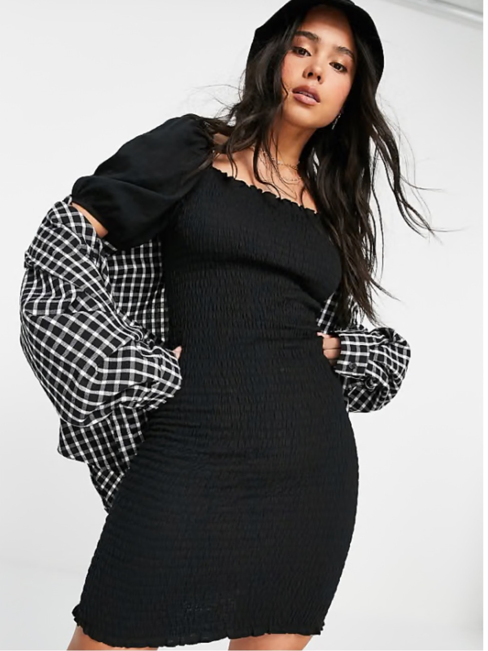 Only Black Smocked Mini Dress with Square Neck